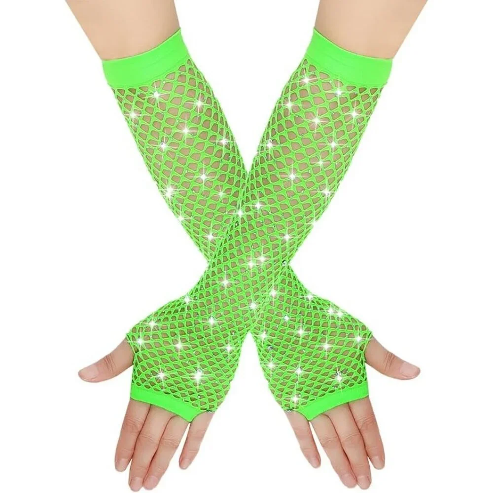Women's Rhinestones Green Fingerless Fishnet Mesh Long Gloves Party Cosplay
